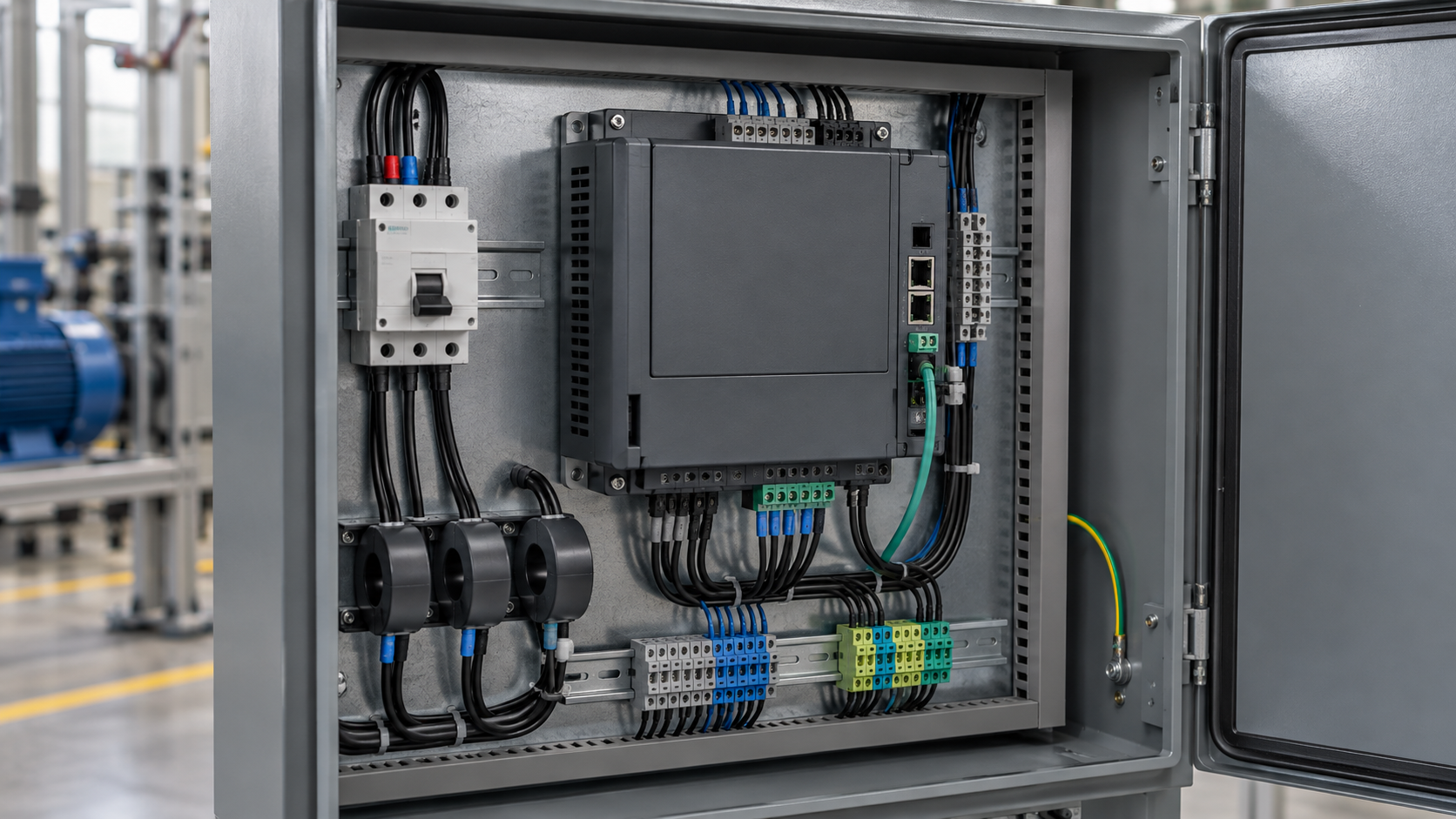 Close view of a smart motor controller panel showing terminals and diagnostic indicators