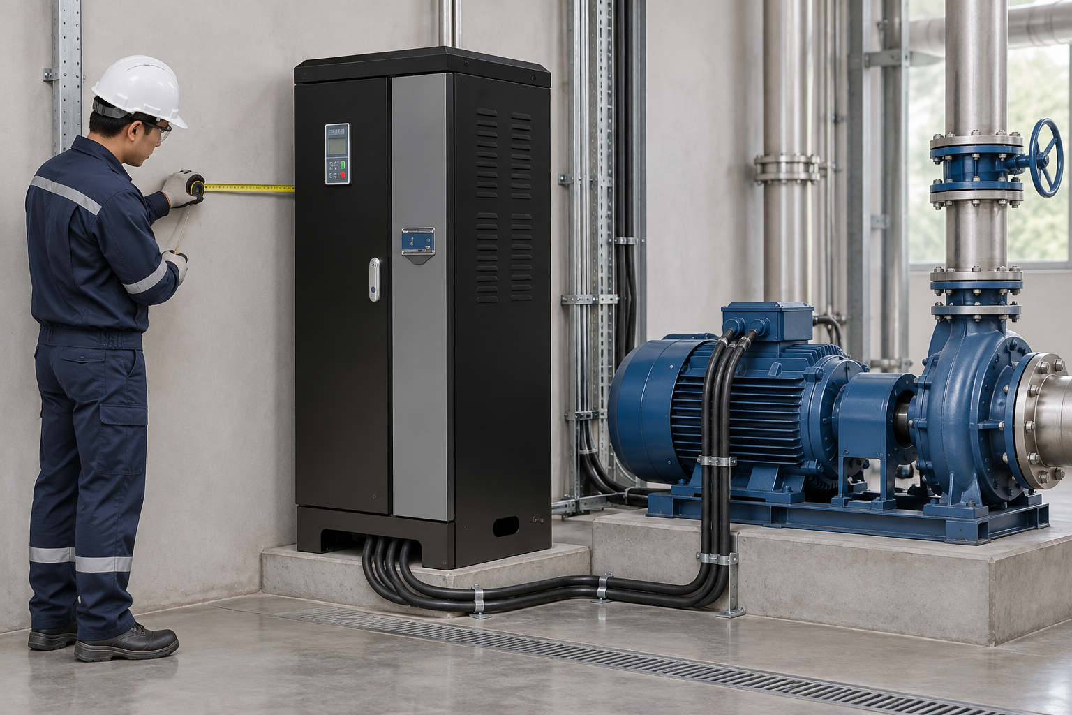 3 phase motor soft starter installation beside pump motor with clearance check