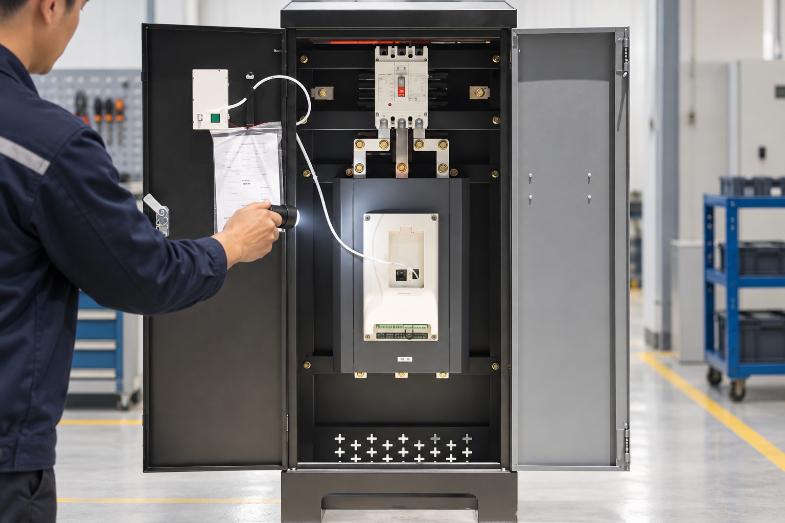 Open 3 phase soft starter cabinet inspection for component layout and wiring review