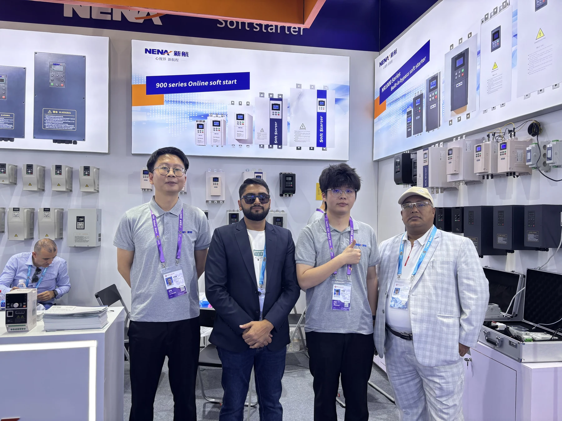 NENA representatives and visitors at the Canton Fair booth with motor-control products on display
