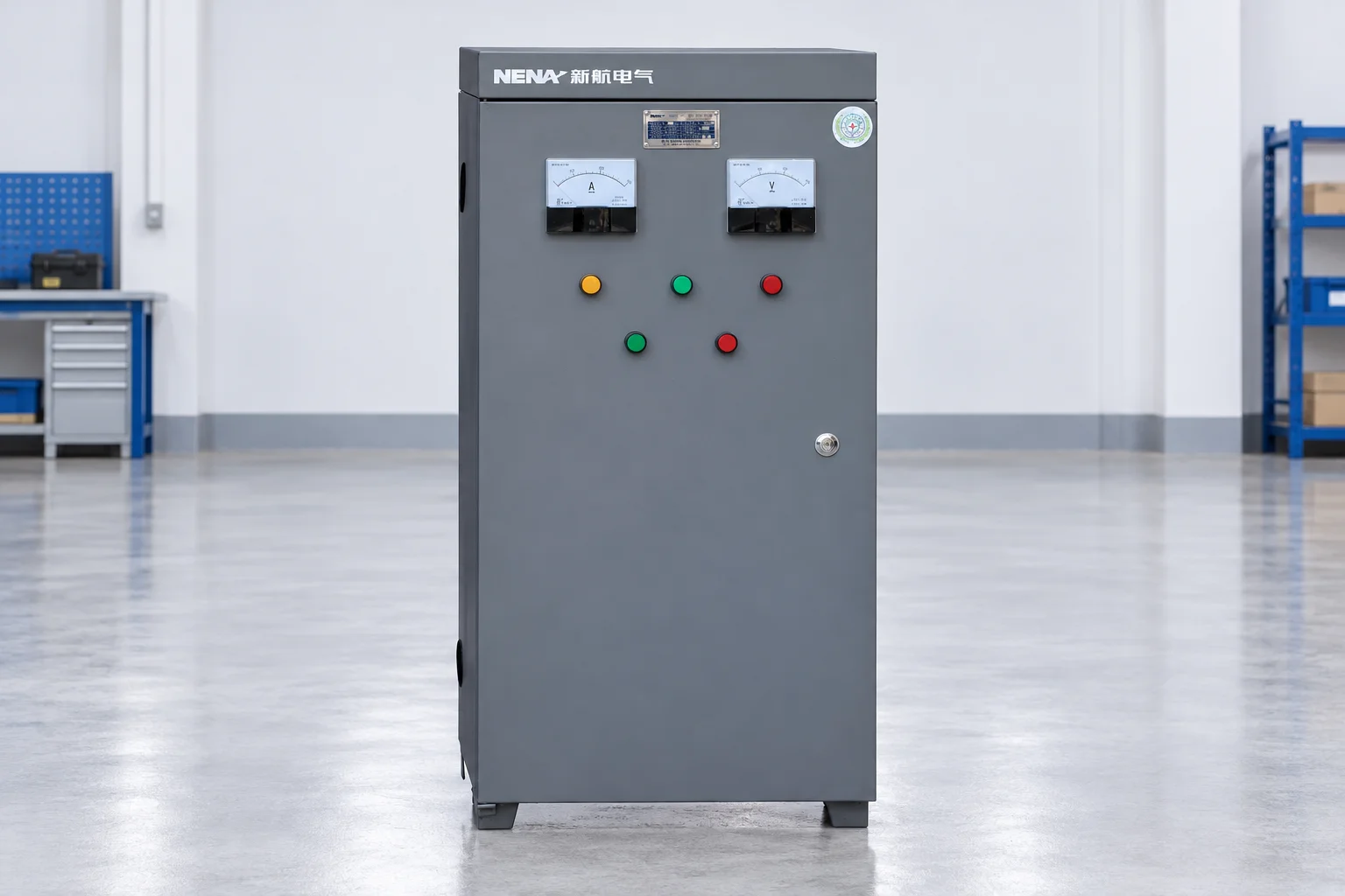 Closed NENA star-delta starter cabinet with meters and pushbuttons