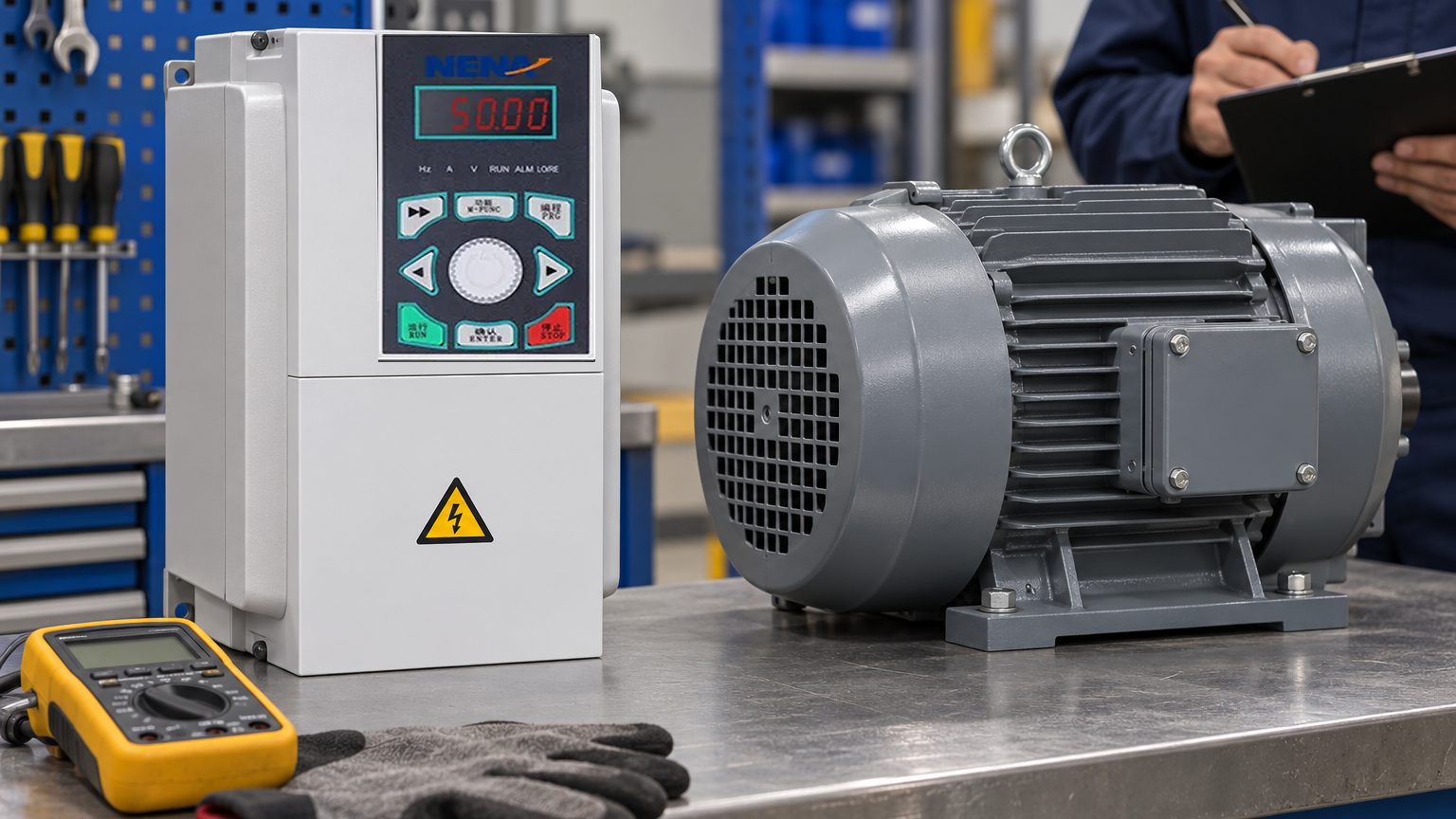 Guarded motor-drive commissioning arrangement for a controlled direction and ramp test
