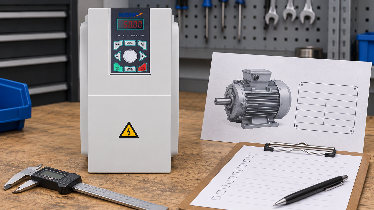 Reference-based motor nameplate review beside an official NENA 820 drive context