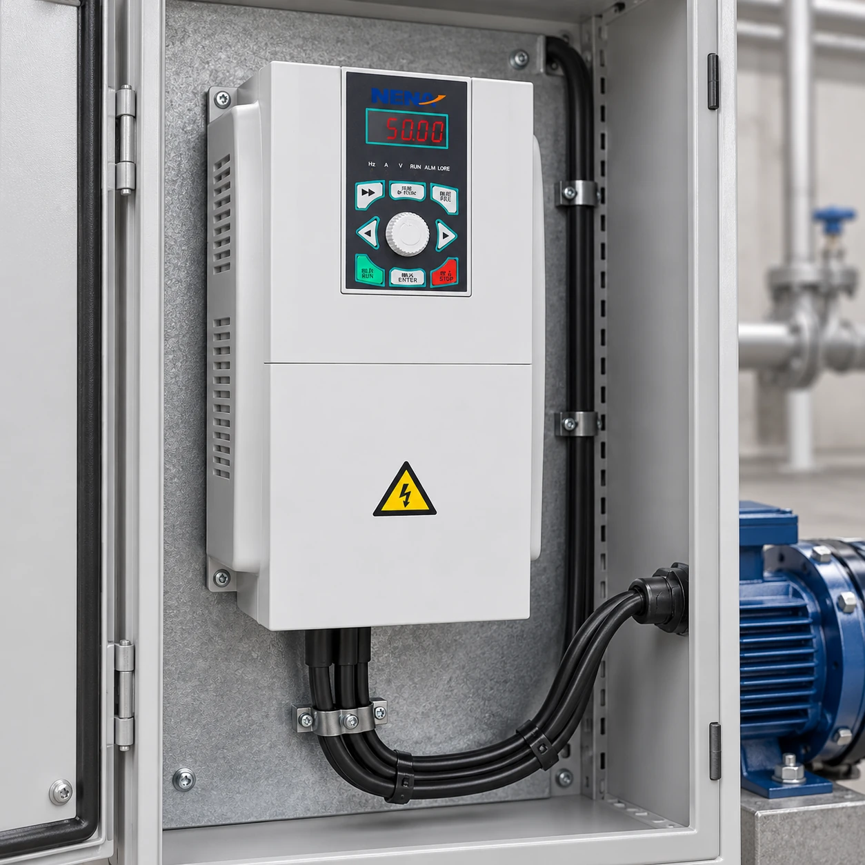 NENA variable-frequency drive for motor speed control, shown separately from a pump