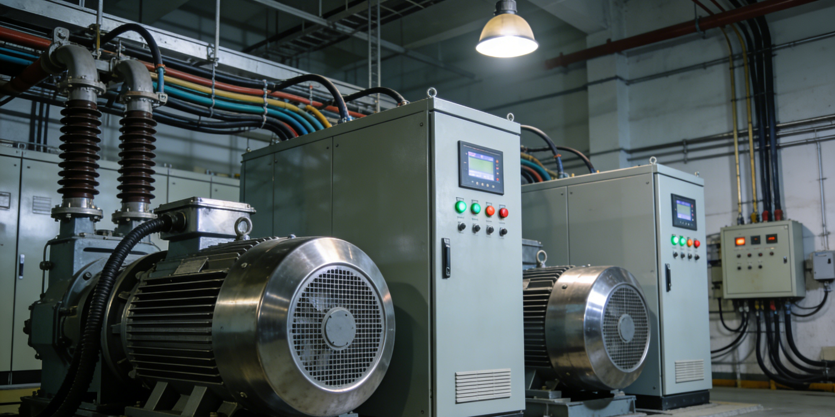 industrial electric motors with control panels and power distribution system in factory equipment room